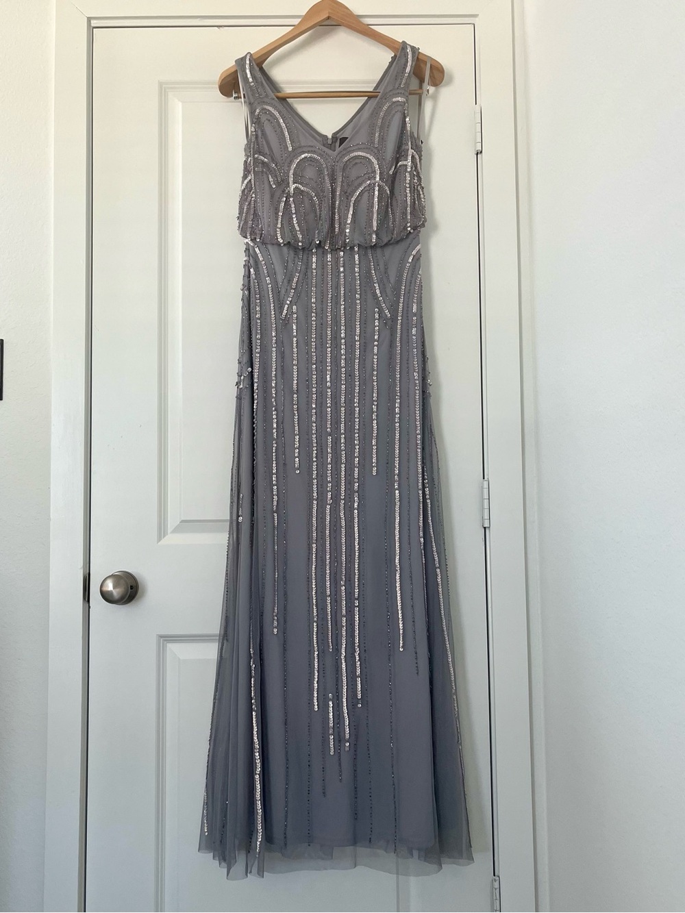 Adrianna Papell Art Deco Beaded Sequin Gown Gray